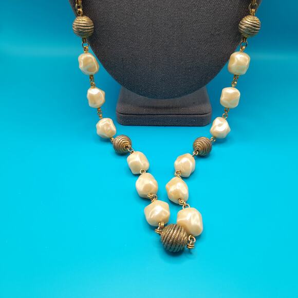 Vintage Wire Wrapped Beaded Necklace, Beige Pearled Gold Rope Beads, 36" - Picture 6 of 12
